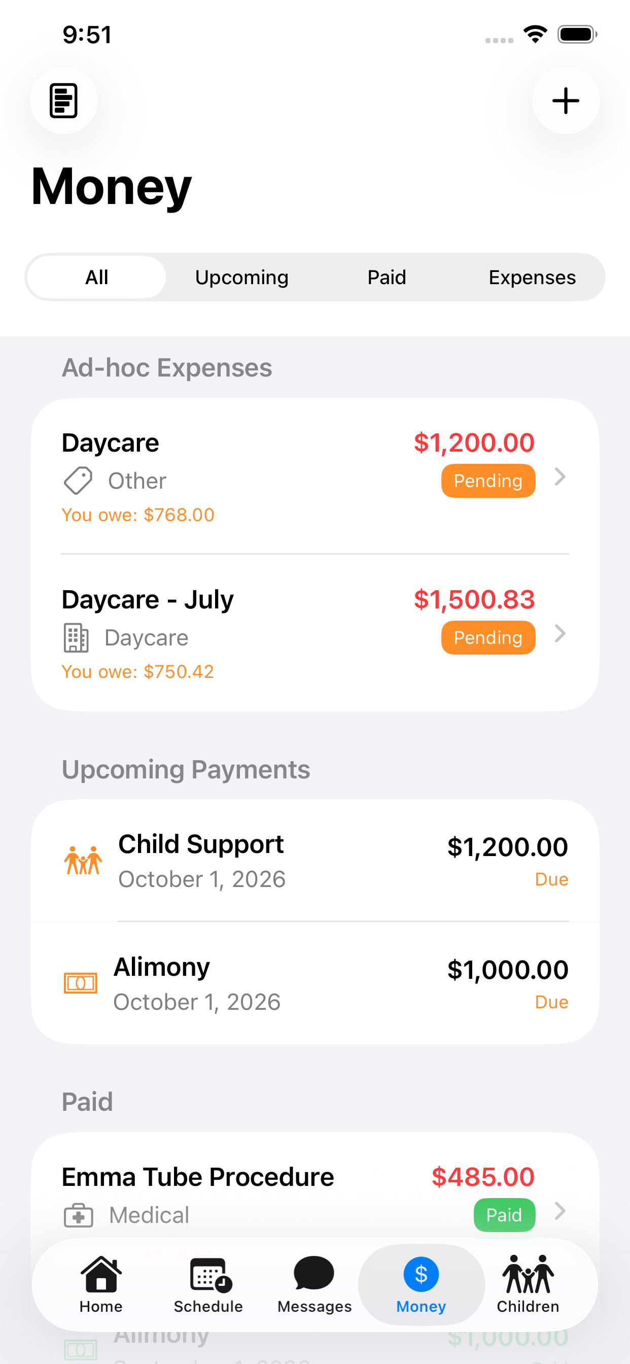 The Money screen with filter tabs for All, Upcoming, Paid and Expenses. An Ad-hoc Expenses section lists two daycare expenses marked Pending, each showing the amount and what you owe. An Upcoming Payments section lists Child Support of $1,200.00 and Alimony of $1,000.00, both due 1 October 2026. A Paid section shows a medical expense marked Paid.