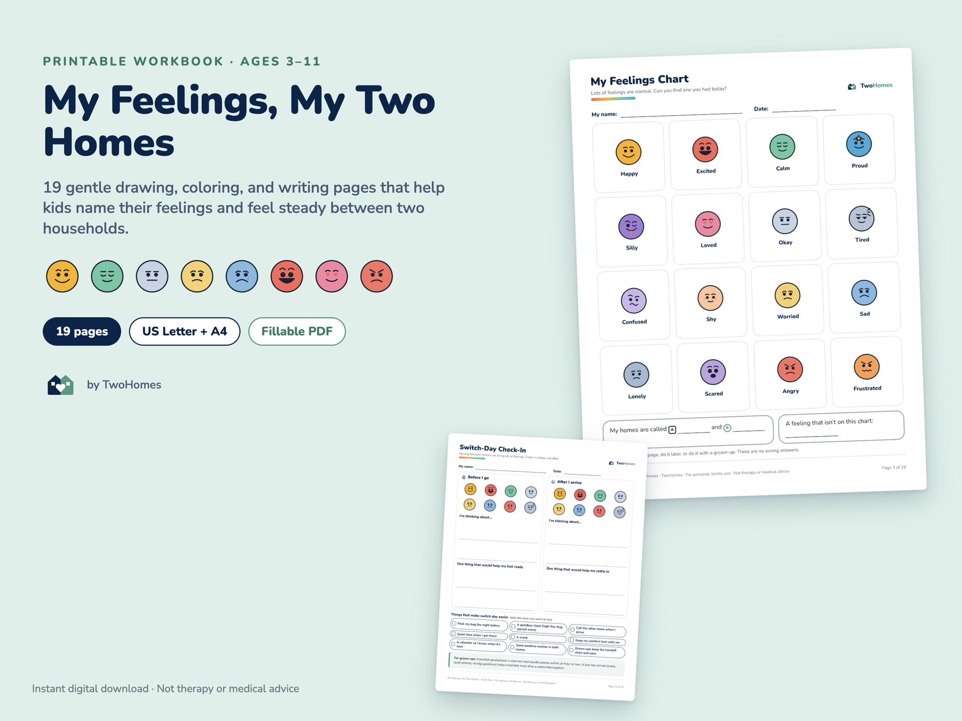My Feelings, My Two Homes workbook with the sixteen-face feelings chart